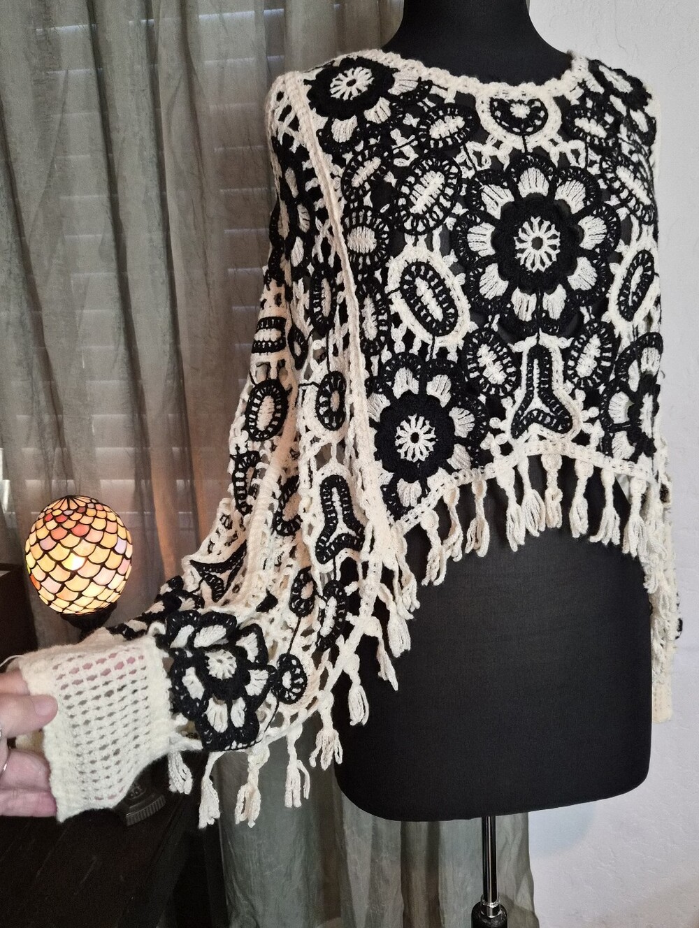 Black & Cream Crochet Fringe Poncho OS #0302